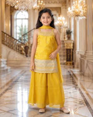 Sunshine Yellow Girls' Embroidered Ethnic Kurta Sharara Set 6598-268-LMN