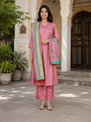 Women's Pink Imported Fabric Embroidered Kurta Set with Dupatta 2404PR-445-PINK