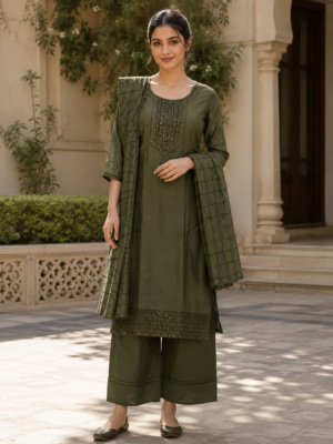 Women’s Olive Green Embroidered Suit Set with Dupatta 8853EM-396-GRN