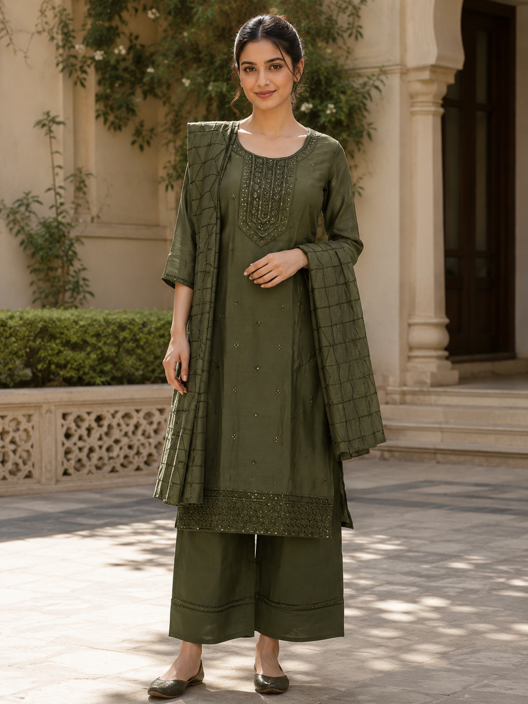 Women’s Olive Green Embroidered Suit Set with Dupatta 8853EM-396-GRN