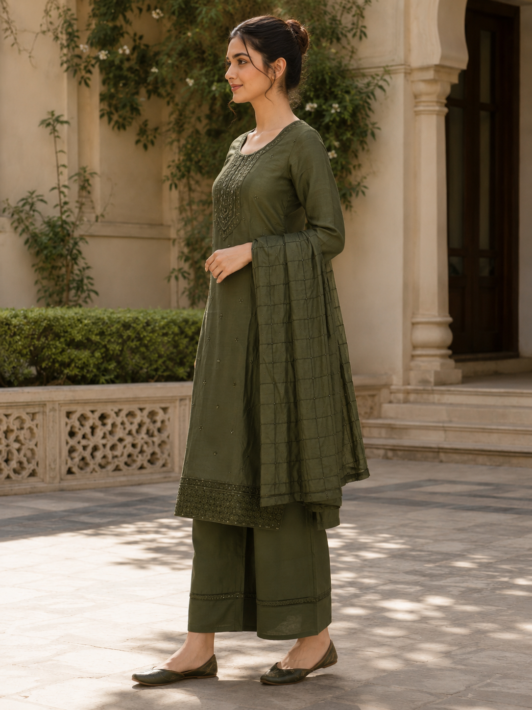 Women’s Olive Green Embroidered Suit Set with Dupatta 8853EM-396-GRN - Image 2