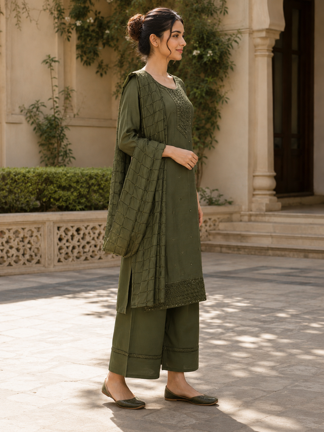 Women’s Olive Green Embroidered Suit Set with Dupatta 8853EM-396-GRN - Image 3