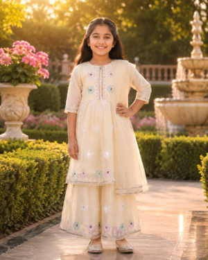 Elegant Ivory Embroidered Girls Sharara Suit Set  H2607-246-CRM