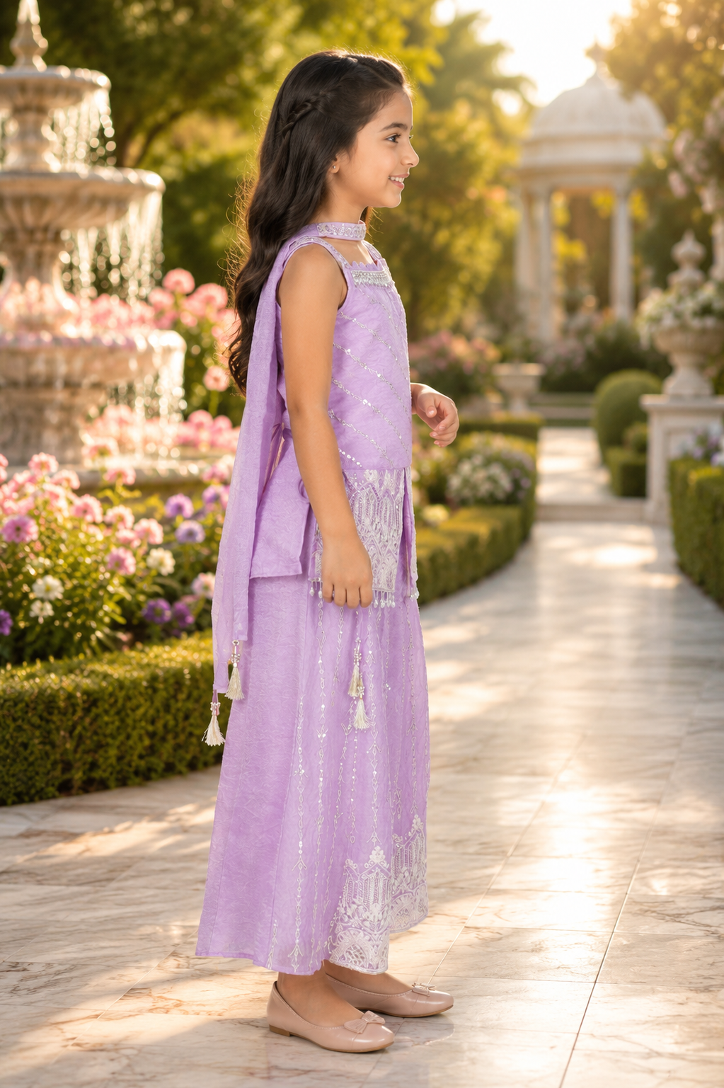 11919 Princess Lavender Embroidered Girls Party Wear Sharara Set 11919-268-LAV - Image 4