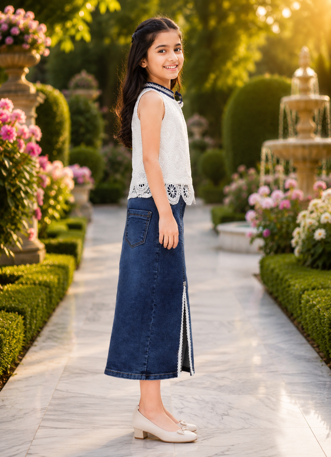 Elegant White & Navy Girls Designer Co-Ord Set 588EM-450-BLU - Image 4