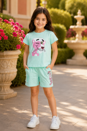 Girls' Sea Green Pink Panther Printed Cotton Co-Ord Set | Half Sleeve T-Shirt & Cargo Shorts Set for Kids 1015-268-C.GRN