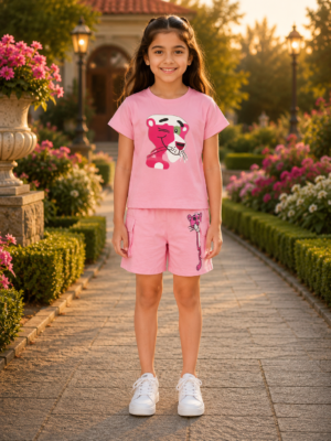 Girls' Baby Pink Pink Panther Printed Cotton Co-Ord Set | Half Sleeve T-Shirt & Cargo Shorts Set for Kids 1015-268-PNK