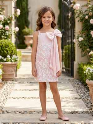 Girls’ Blush Pink Sequin Bow Party Dress in Mall Cotton 2683EM-450-PINK