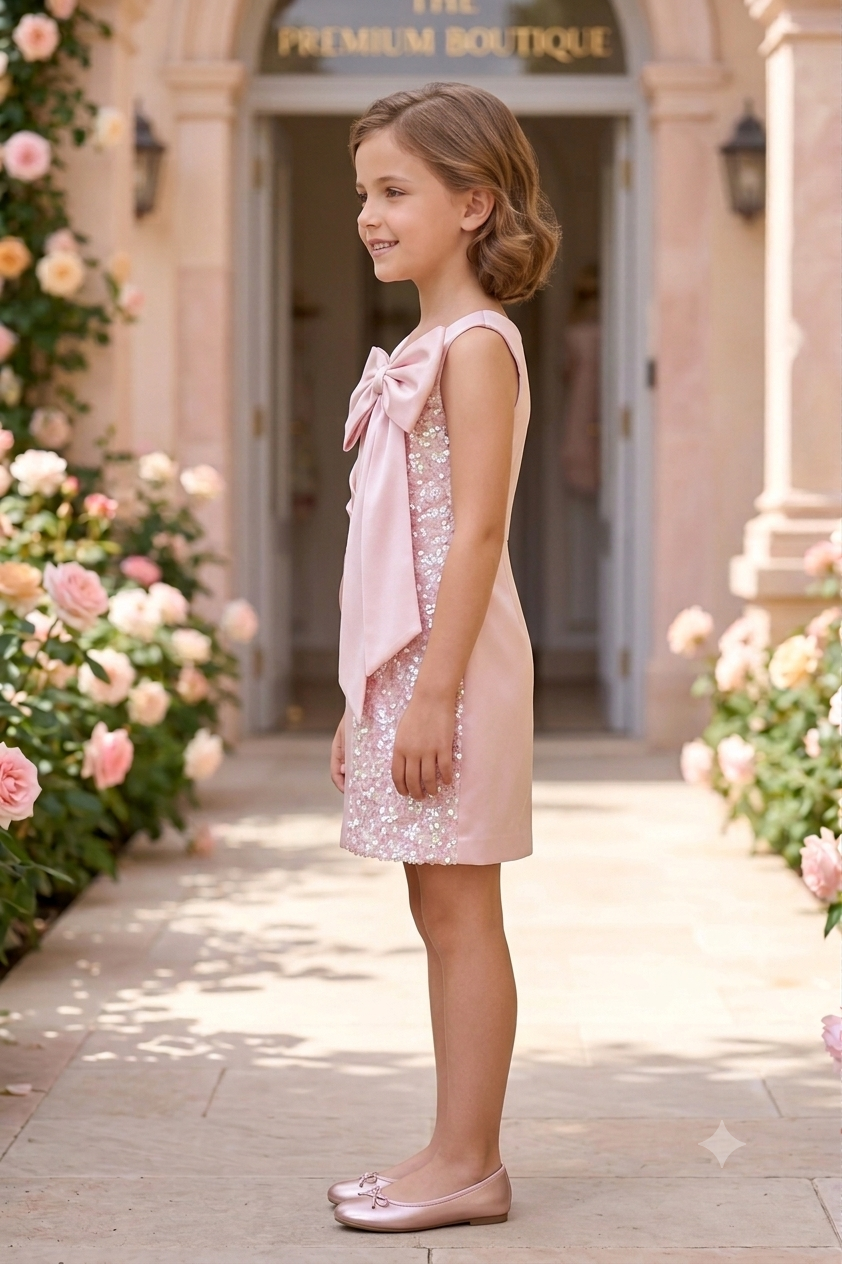 Girls’ Blush Pink Sequin Bow Party Dress in Mall Cotton 2683EM-450-PINK - Image 4