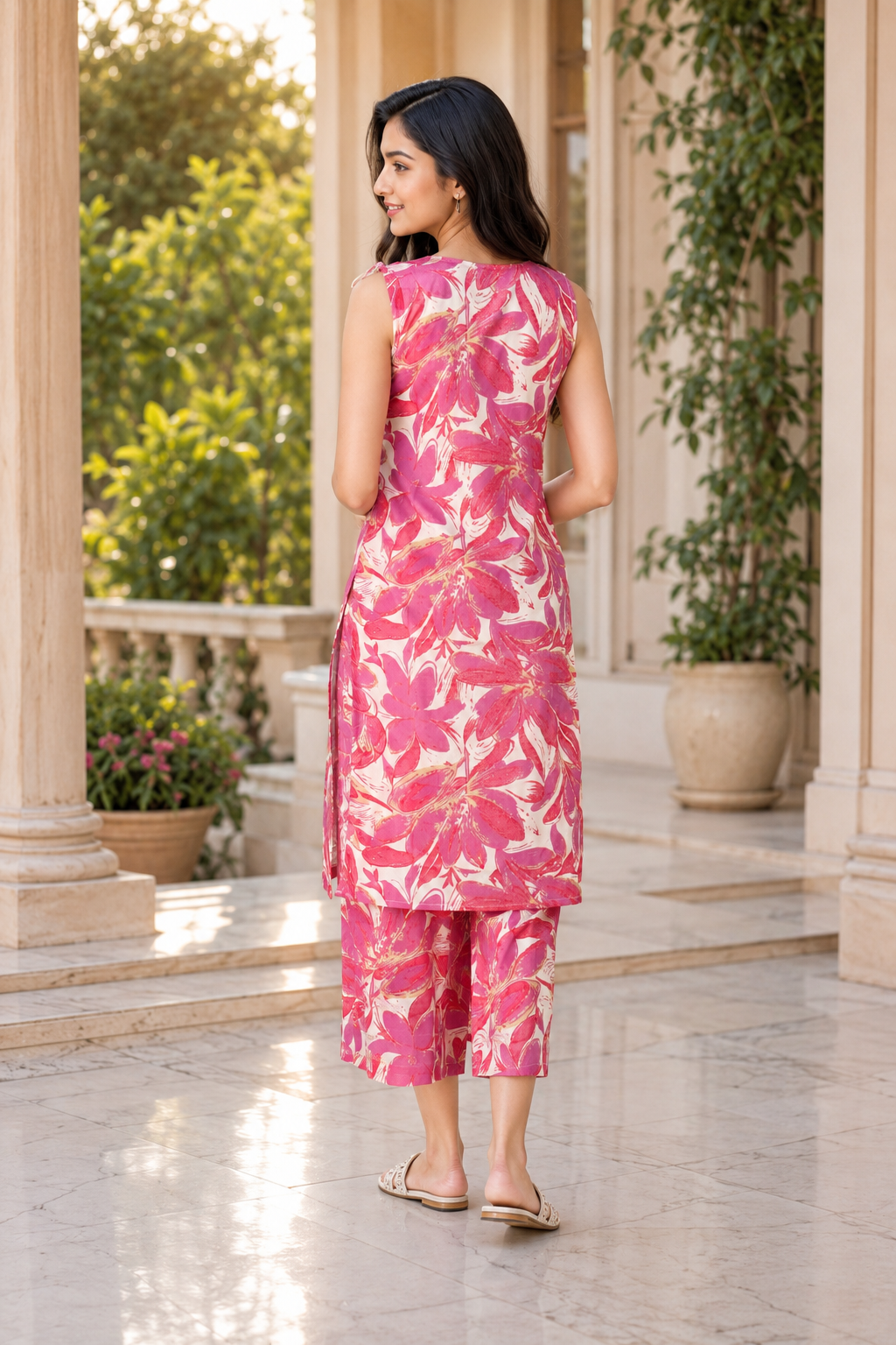 Women’s Pink Cotton Floral Printed Sleeveless Kurta Pant Set 33721FL-337-PCH - Image 5