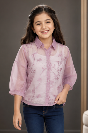 495FL Girls Premium Imported Embroidered Sheer Top | Elegant Party & Casual Wear 495FL-24-PNK