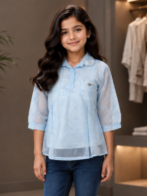 465FL Girls Premium Imported Designer Top | Elegant Sheer Casual Wear 465FL-24-BLU