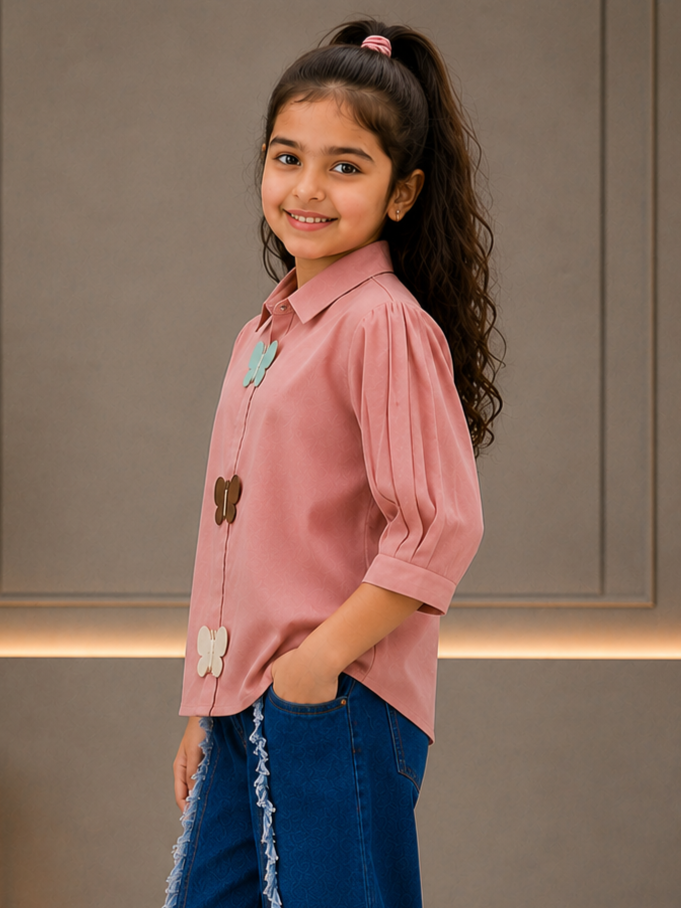 490FL Girls Premium Imported Designer Top | Butterfly Embellished Casual Wear 490FL-24-PCH - Image 2