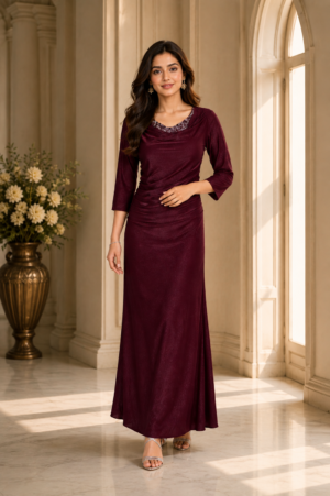 1395EM Elegant Wine Maroon Imported Fabric Ladies Gown 1395EM-441-WNE