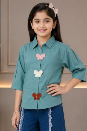 490FL Girls Premium Imported Designer Top | Butterfly Embellished Casual Wear 490FL-24-GRN