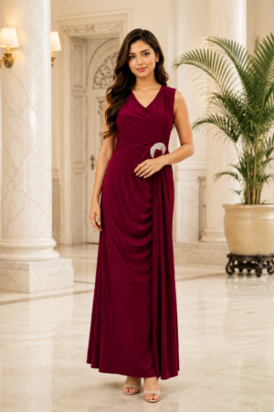 1745EM Elegant Wine Maroon Imported Fabric Ladies Gown 1745EM-441-RNI