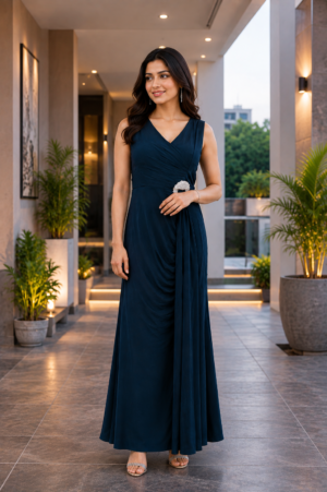 1745EM Elegant Navy Blue Imported Fabric Ladies Gown 1745EM-441-D GRN