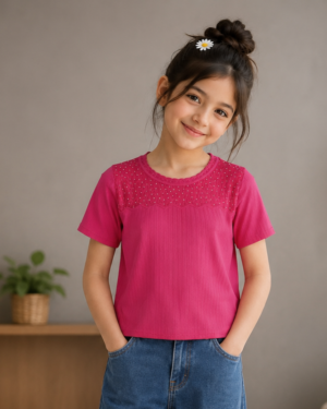 495PL Girls Premium Imported Netting Top | Stylish Pink Casual Top495PL-24-RNI
