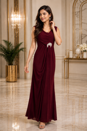 1745EM Elegant Wine Maroon Imported Fabric Ladies Gown 1745EM-441-MRN