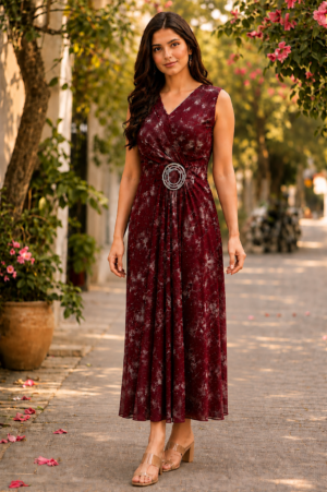 1645EM Elegant Wine Printed Imported Fabric Ladies Gown 1645EM-441-WNE-