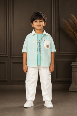 1797LN Boys’ Premium Cotton Layered Shirt Set with T-Shirt & Cargo Pants 1797LN-268-L GRN
