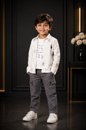 1864PT Premium Cotton Shirt Set Fabric – Soft, Comfortable & Stylish Kidswear Material 1864PT-29-GRY