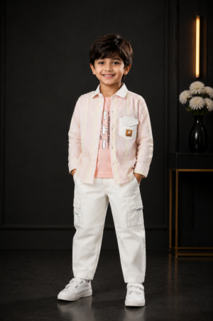 1797LN Boys’ Premium Cotton Striped Shirt, T-Shirt & Cargo Pant Set 1797LN-268-PNK
