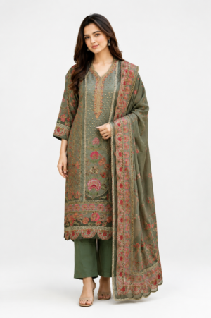 512EM Olive Elegance Glass Cotton Viscose Embroidered Suit Set  512EM-455-GRN