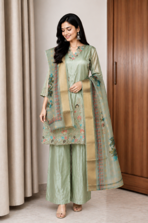 519EM Sage Bloom Viscose Summer Embroidered Suit Set 519EM-455-L GRN