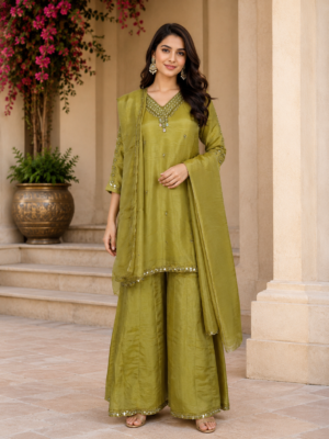 520EM Mehendi Grace Viscose Summer Embellished Palazzo Suit Set 520EM-455-MHND