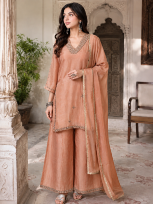 522EM Peach Glow Orange Viscose Summer Embellished Palazzo Suit Set 522EM-455-ORG