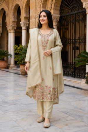 528EM Fawn Blossom Viscose Summer Embroidered Suit Set 528EM-455-FWN