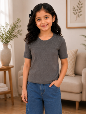 495PL Girls Premium Imported Netting Top | Elegant Grey Casual Top 495PL-24-GRY