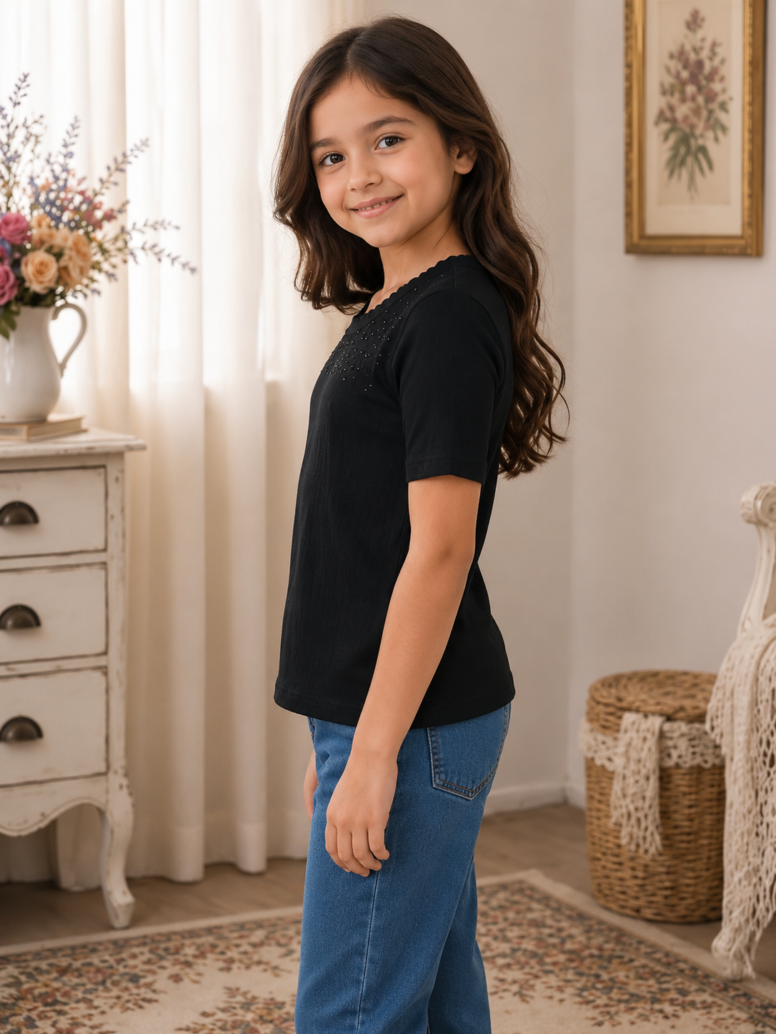 495PL Girls Premium Imported Netting Top | Classic Solid Black Casual Top 495PL-24-BLK - Image 2