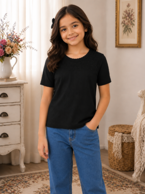 495PL Girls Premium Imported Netting Top | Classic Solid Black Casual Top 495PL-24-BLK