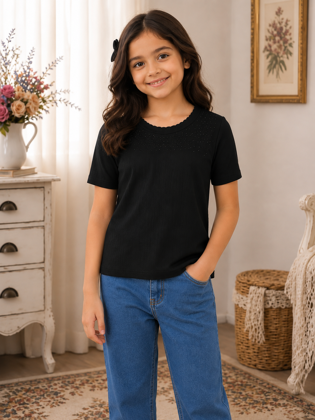 495PL Girls Premium Imported Netting Top | Classic Solid Black Casual Top 495PL-24-BLK