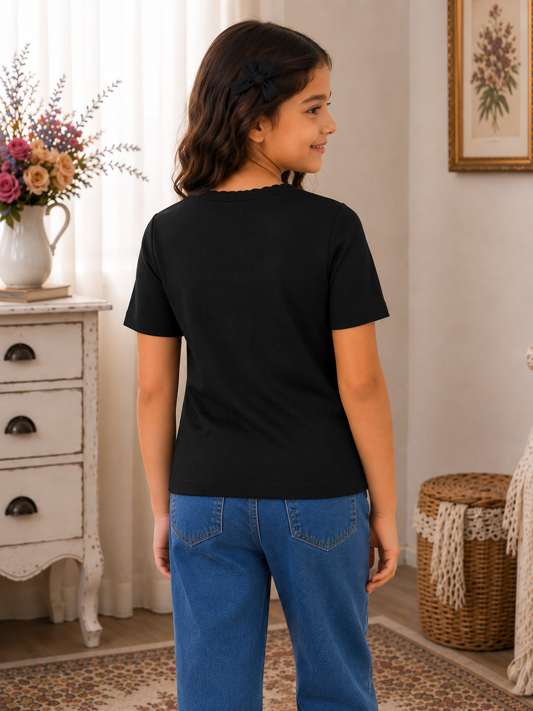 495PL Girls Premium Imported Netting Top | Classic Solid Black Casual Top 495PL-24-BLK - Image 3