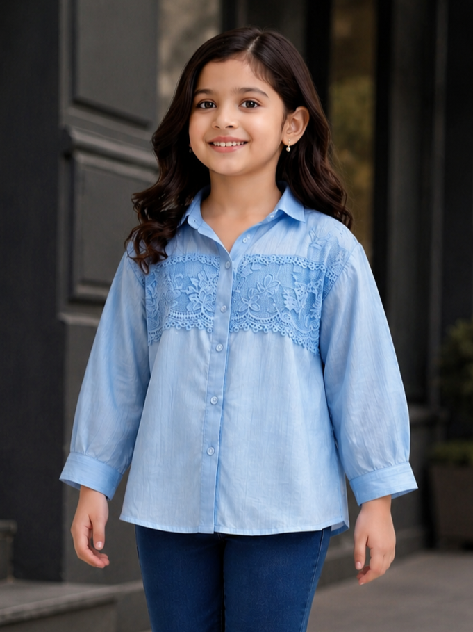 515FL Girls Premium Imported Designer Top | Elegant Lace Casual Wear 515FL-24-BLU