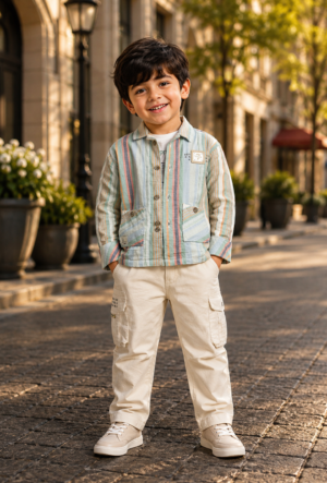1787LN Boys Premium Cotton Lycra Shirt Set | Trendy Casual Cargo Outfit 1787LN-29-GRN