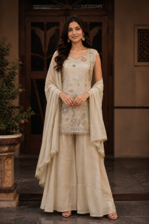SHANTIEM Elegant Ivory Viscose Summer Jacquard Embroidered Kurta Sharara Set with Dupatta SHANTIEM-455-FWN