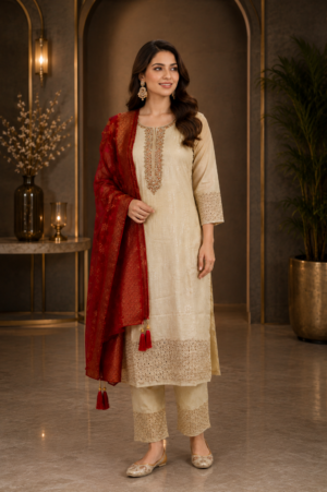 GALAXY EM Premium Ivory Viscose Shimmer Jacquard Embroidered Kurta Pant Set with Red Dupatta GALAXY EM-445-FWN