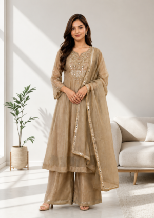 2945EM Premium Beige Viscose Shimmer Embroidered Flared Kurta Palazzo Set with Dupatta  2945EM-455-GLD
