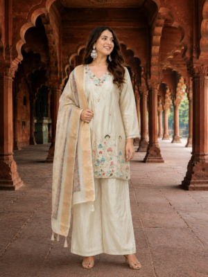 519EM Ivory Bloom Cream Viscose Summer Embroidered Suit Set 519EM-455-CRM