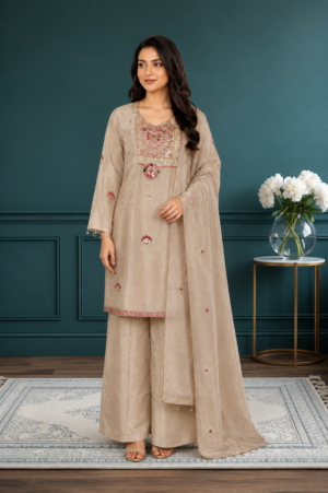 2588EM Elegant Beige Viscose Shimmer Embroidered Kurta Palazzo Set with Dupatta 2588EM-455-FWN