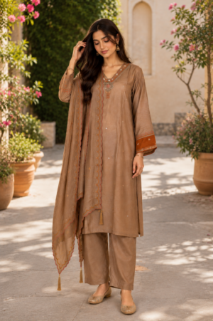 2559EM Elegant Beige-Brown Glass Cotton Viscose Embroidered Kurta Set with Dupatta 2559EM-455-L BWN