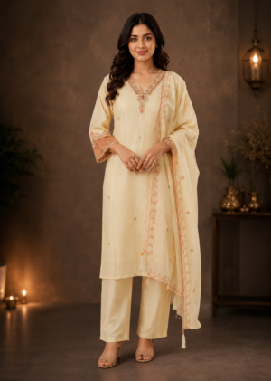 2559EM Elegant Ivory Cream Glass Cotton Viscose Embroidered Kurta Set with Dupatta 2559EM-455-PCH