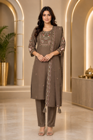 2556EM Elegant Brown Glass Cotton Viscose Embroidered Kurta Set with Dupatta  2556EM-455-GRY