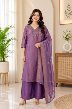 AEM Elegant Purple Viscose Shimmer Embroidered Kurta Palazzo Set with Dupatta AEM-445-LAV