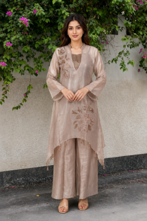 1022EM Champagne Bloom Organza Tissue Embroidered Palazzo Co-ord Set 1022EM-455-ONN