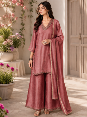 522EM Rose Blush Pink Viscose Summer Embellished Palazzo Suit Set 522EM-455-PNK